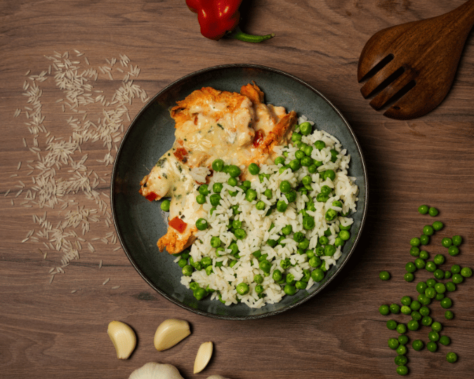 Mozzarella Hühnchen mit Erbsenreis