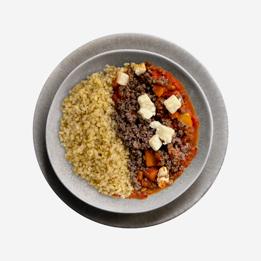Süßkartoffelauflauf mit Feta, Rind und Bulgur